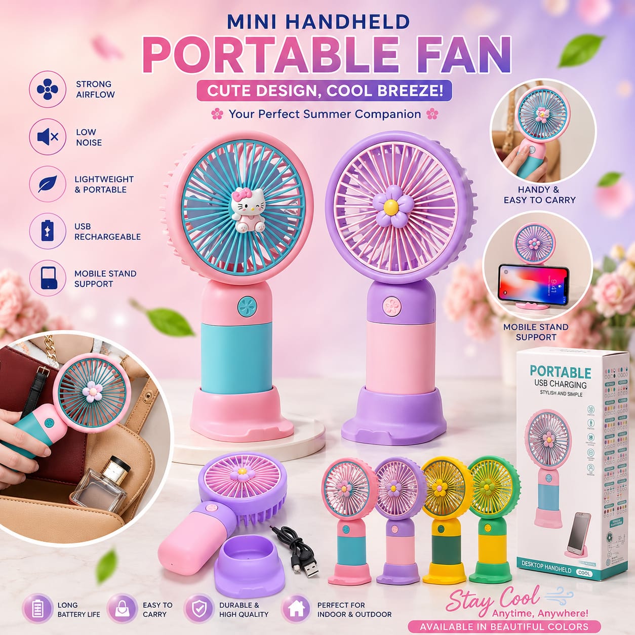 Portable Rechargeable Fan | USB Charging Personal Mini Fan | 3-Speed Adjustable Table Fan for Home, Office & Travel