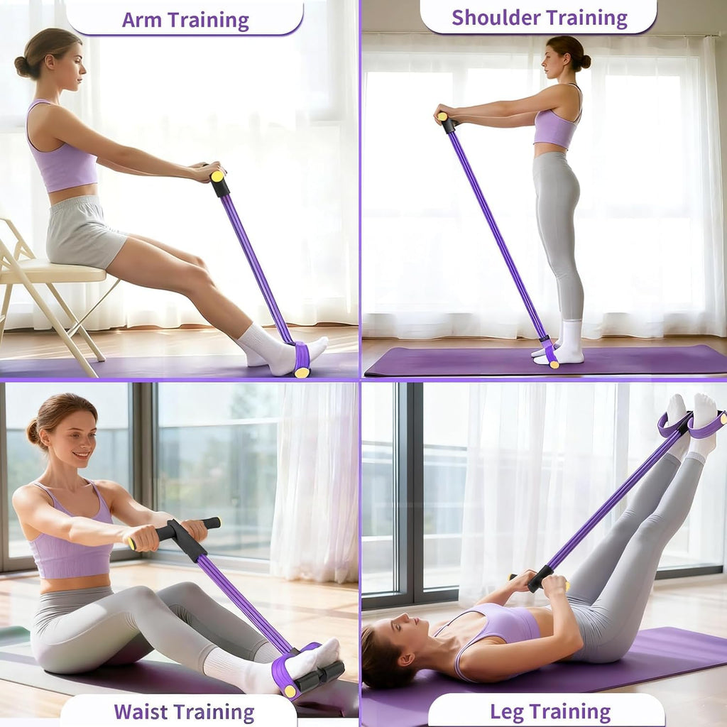 TRIYON Foot Pedal Resistance Band for Home Workout | 4 Tube Tummy Trimmer | Full Body Exercise Equipment for Men & Women | Yoga Pull Rope | Abdominal, Arm, Leg & Waist Fitness Trainer (Purple)