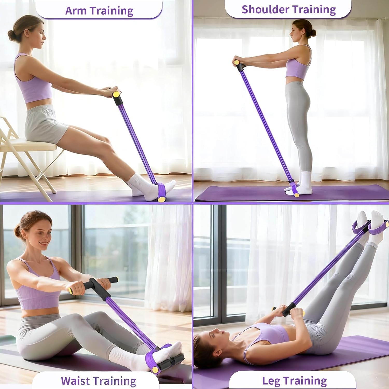 TRIYON Foot Pedal Resistance Band for Home Workout | 4 Tube Tummy Trimmer | Full Body Exercise Equipment for Men & Women | Yoga Pull Rope | Abdominal, Arm, Leg & Waist Fitness Trainer (Purple)