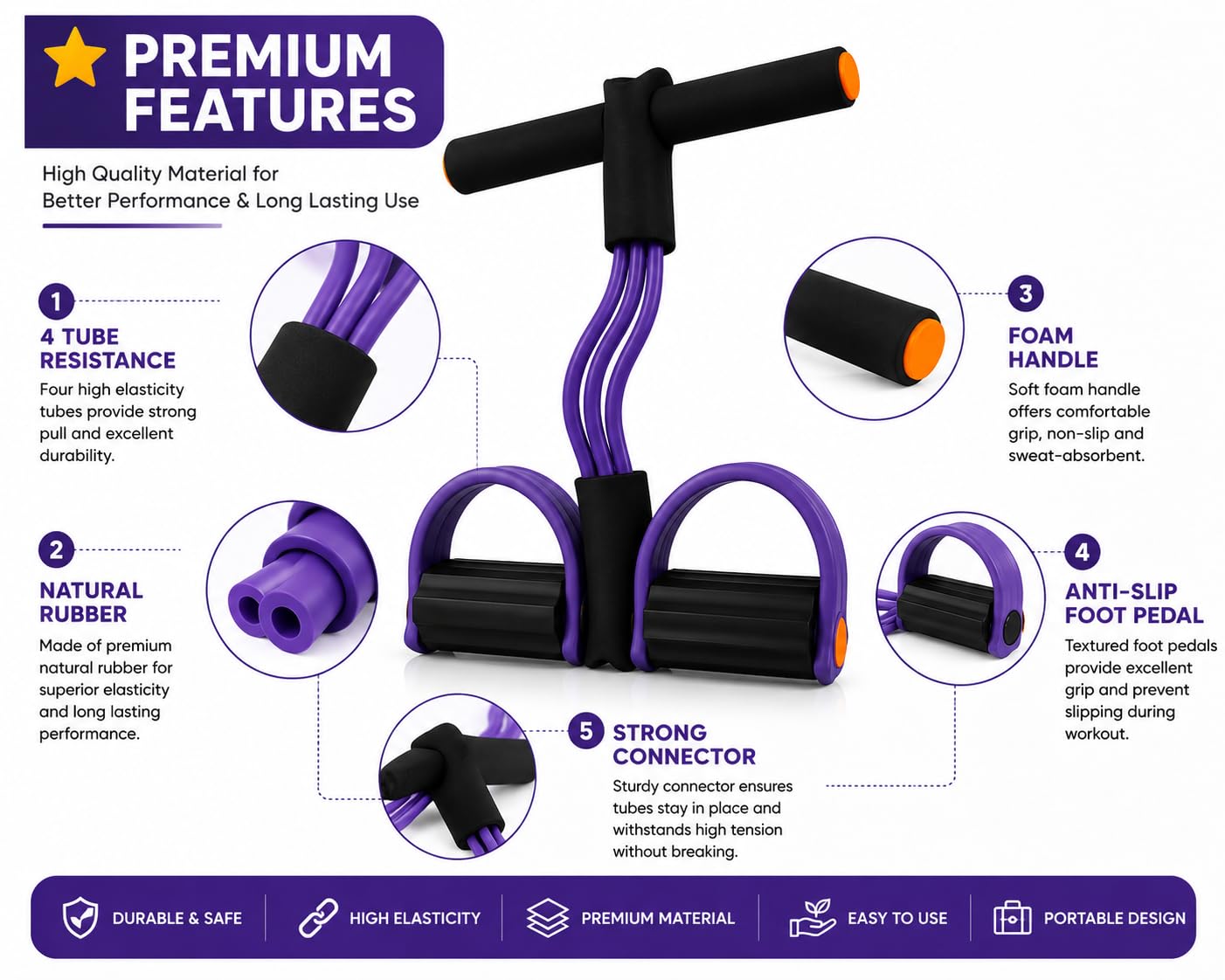 TRIYON Foot Pedal Resistance Band for Home Workout | 4 Tube Tummy Trimmer | Full Body Exercise Equipment for Men & Women | Yoga Pull Rope | Abdominal, Arm, Leg & Waist Fitness Trainer (Purple)