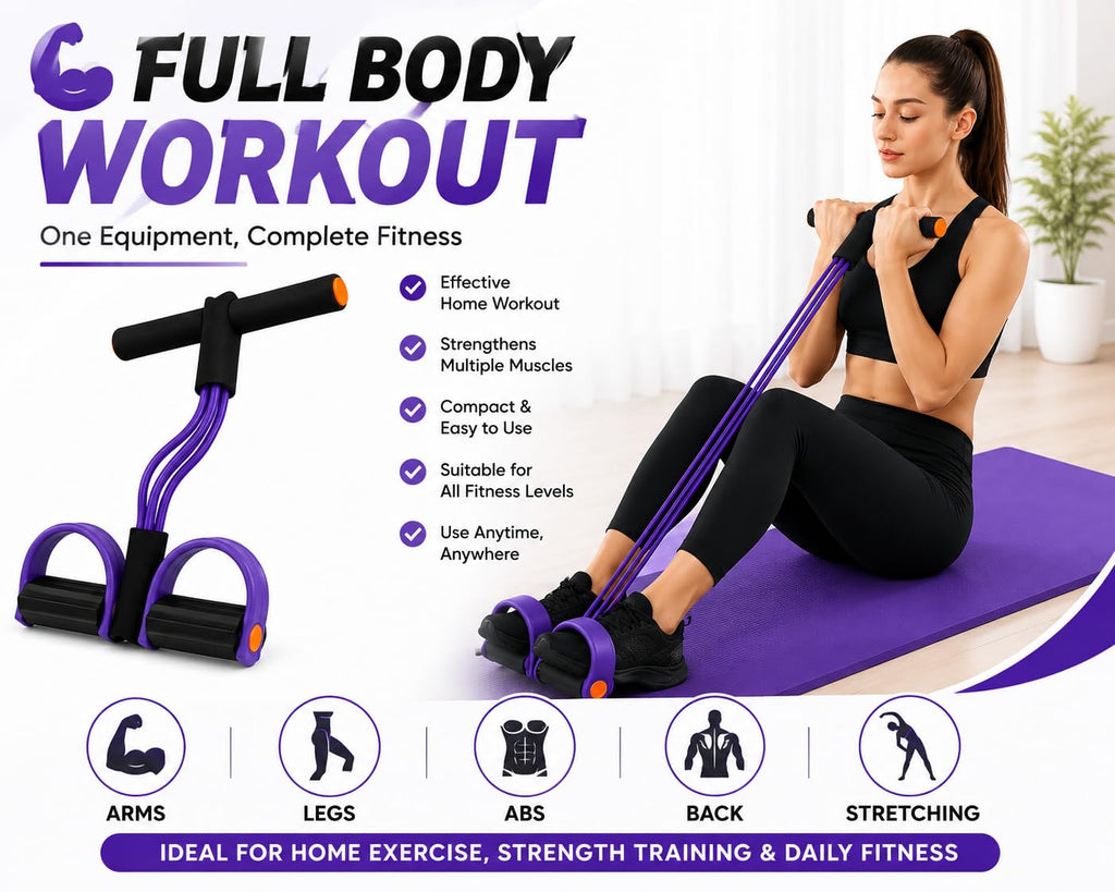 TRIYON Foot Pedal Resistance Band for Home Workout | 4 Tube Tummy Trimmer | Full Body Exercise Equipment for Men & Women | Yoga Pull Rope | Abdominal, Arm, Leg & Waist Fitness Trainer (Purple)