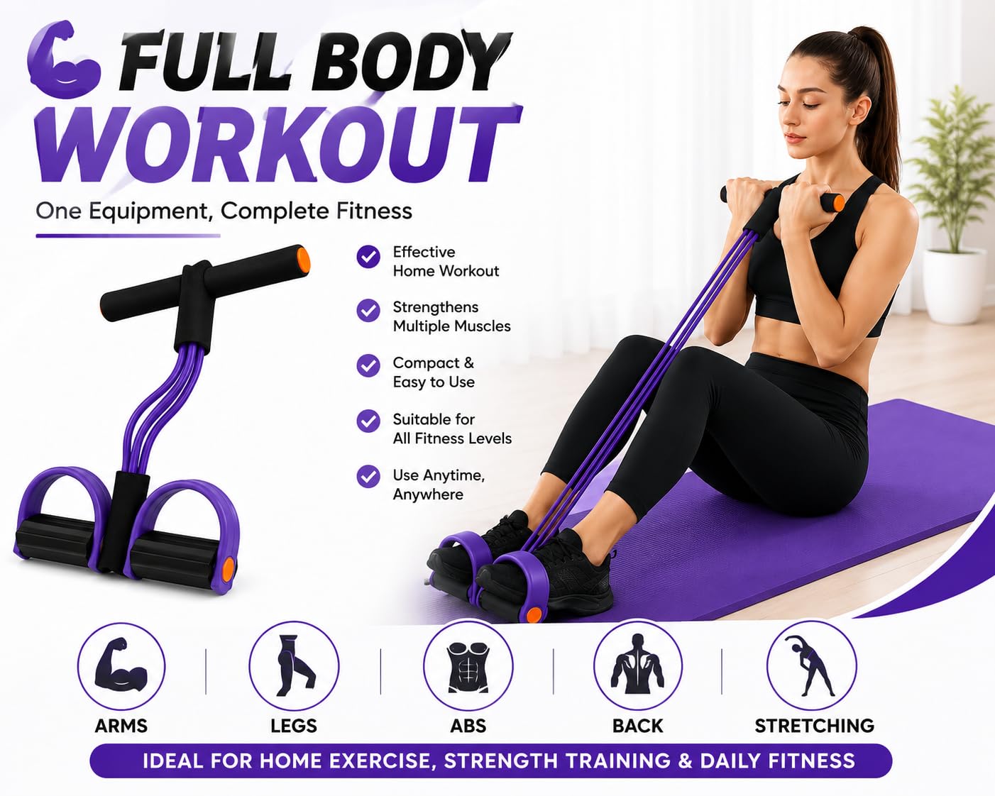 TRIYON Foot Pedal Resistance Band for Home Workout | 4 Tube Tummy Trimmer | Full Body Exercise Equipment for Men & Women | Yoga Pull Rope | Abdominal, Arm, Leg & Waist Fitness Trainer (Purple)