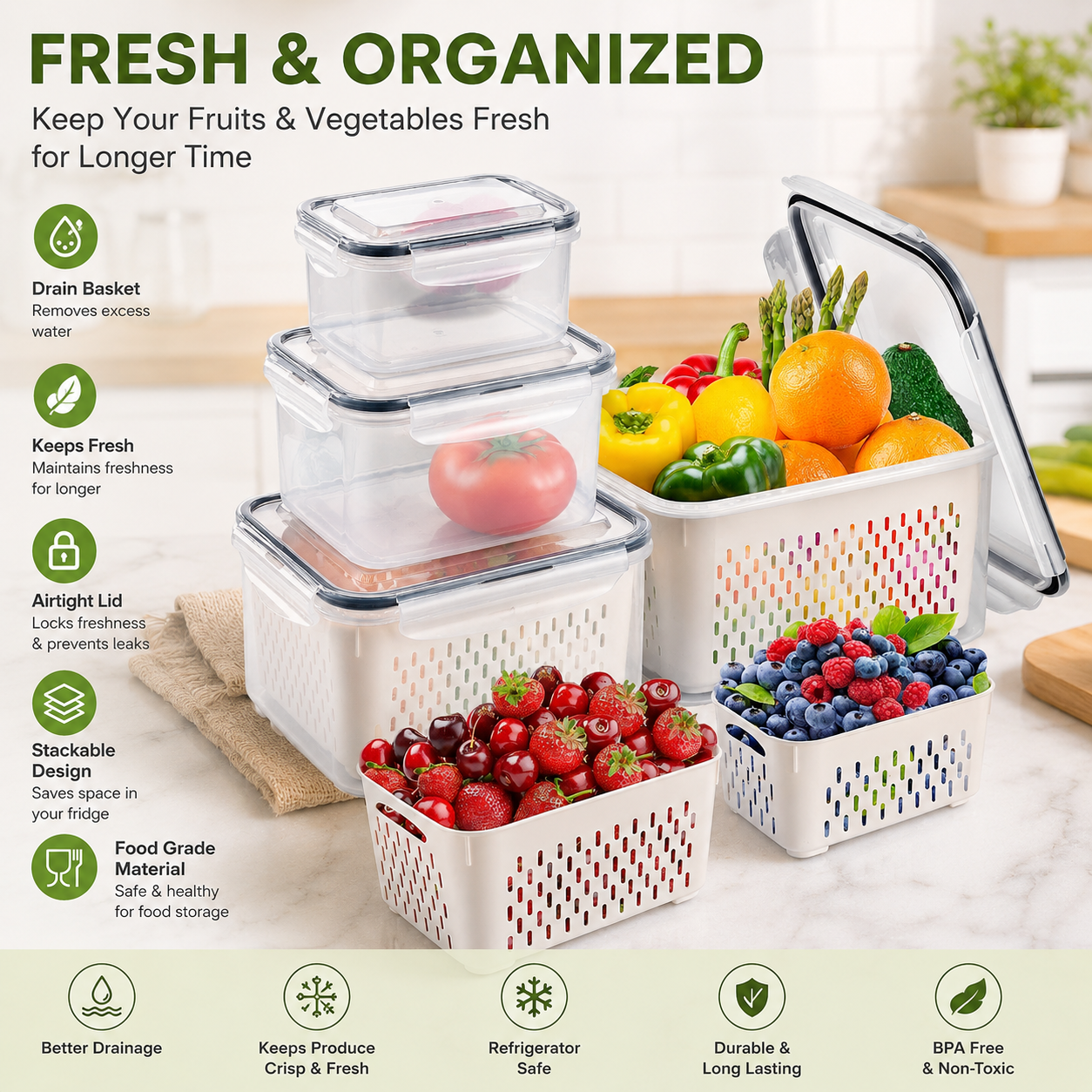 Multipurpose Plastic Storage Basket for Kitchen, Fruits, Vegetables & Snacks