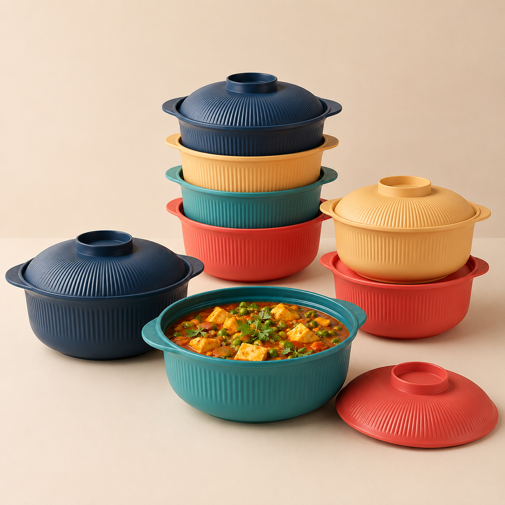 Insulated Food Casserole Set | Heat Retention Hot Pot Containers with Lid | Kitchen Serving Bowl for Chapati, Rice & Curry (Pack of 4)