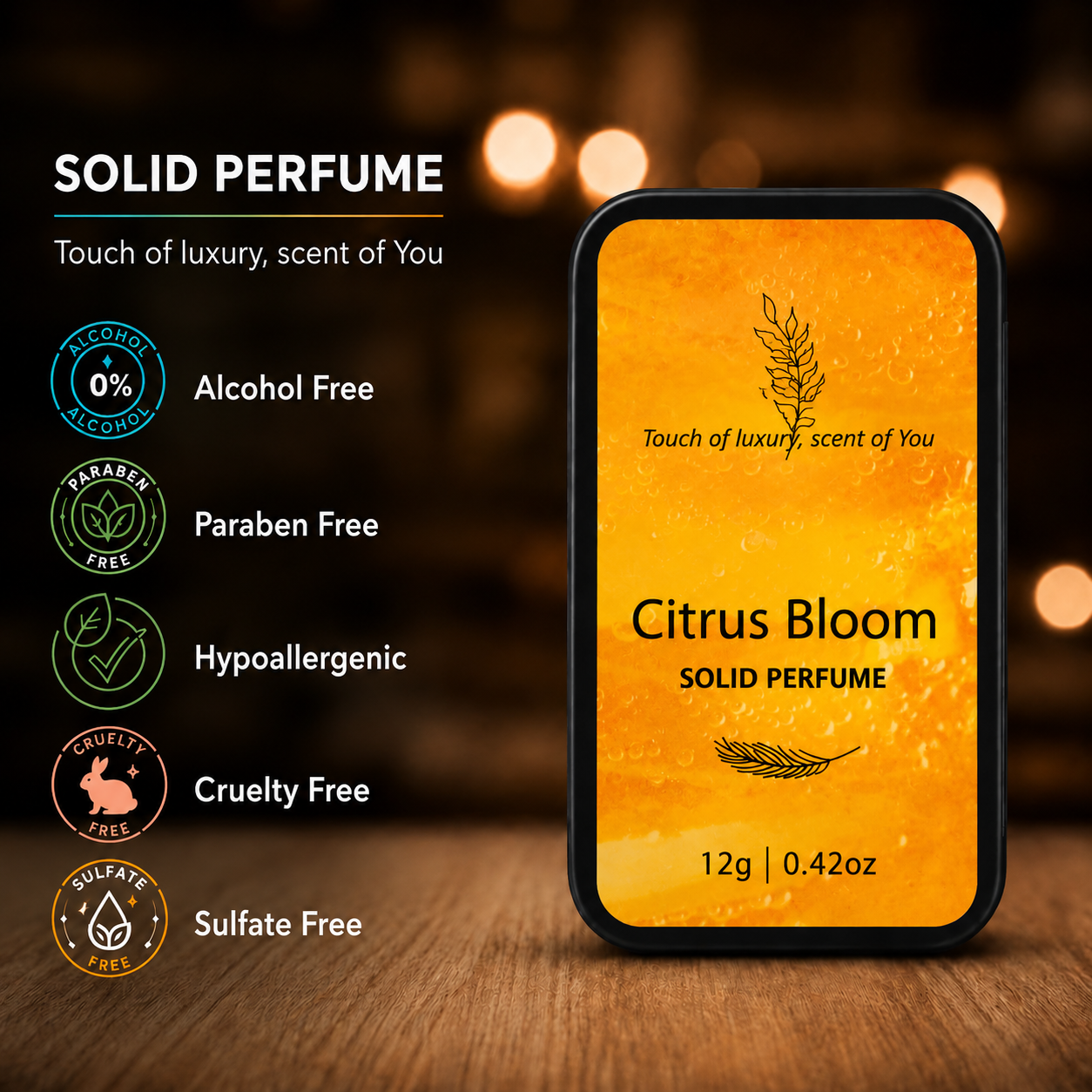Citrus Bloom Solid Perfume (12g) ko Shopify par sell karna chahte hain, to niche complete product listing di gayi hai.
