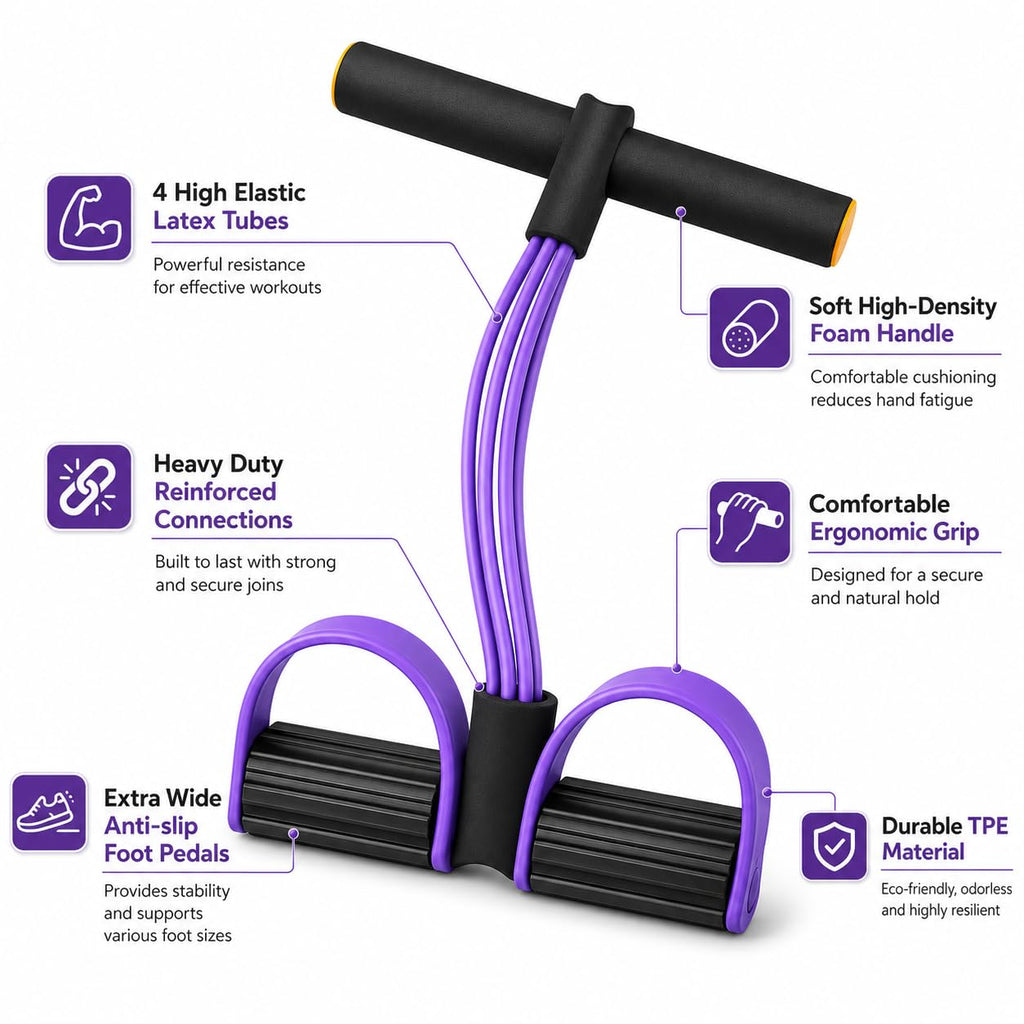 TRIYON Foot Pedal Resistance Band for Home Workout | 4 Tube Tummy Trimmer | Full Body Exercise Equipment for Men & Women | Yoga Pull Rope | Abdominal, Arm, Leg & Waist Fitness Trainer (Purple)